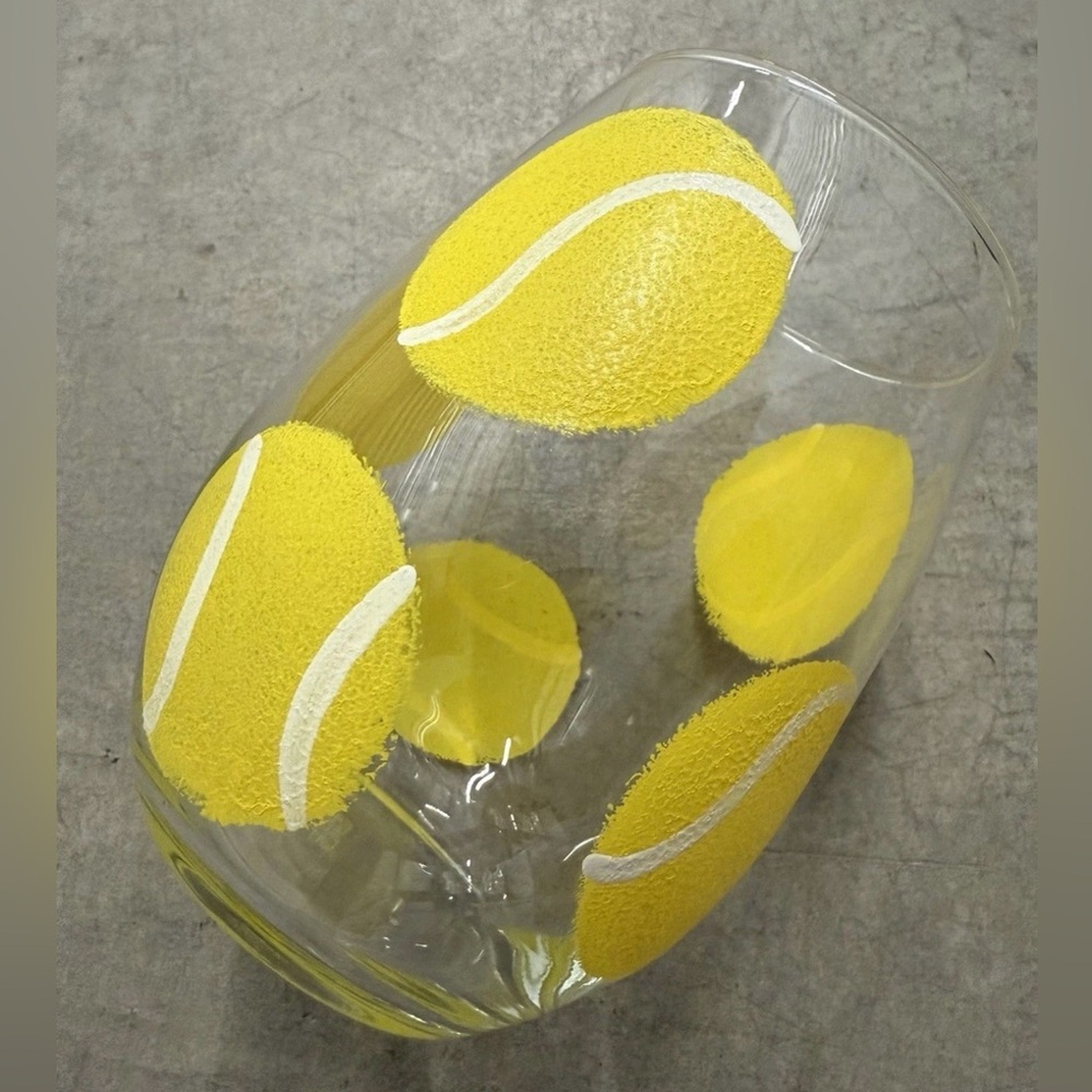Stemless Wine Glass With Hand Painted Yellow Tennis Balls